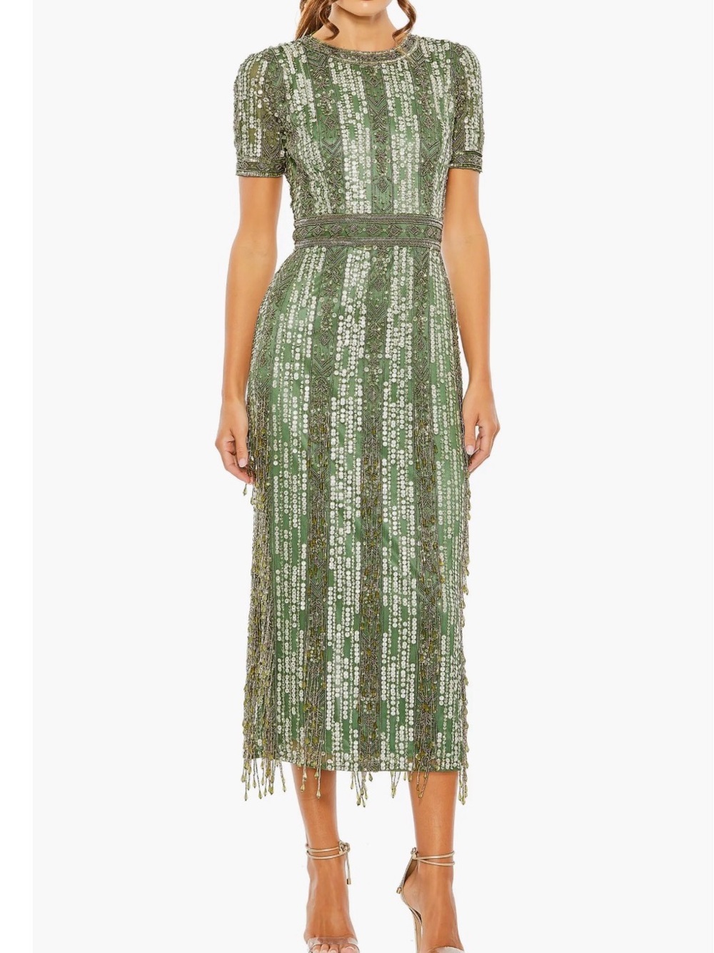 Mac Duggal Green Sequin & Fringe Midi Dress
